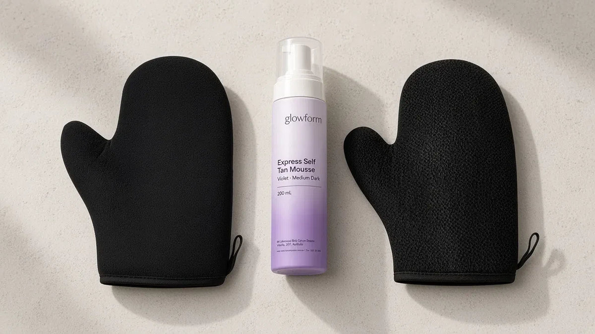 Glowform Glow kit on stone: Violet Medium Dark mousse with tanning and exfoliating mitts