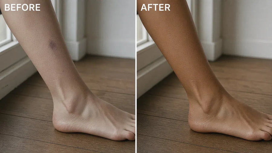 Illustration: a lower leg and ankle before, and with an even tan through the ankle and foot after