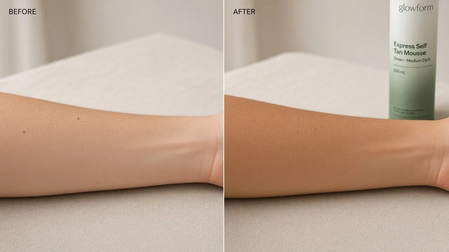 Illustration: a fair forearm before, and with an even olive tan after, beside a Glowform Green Medium Dark bottle