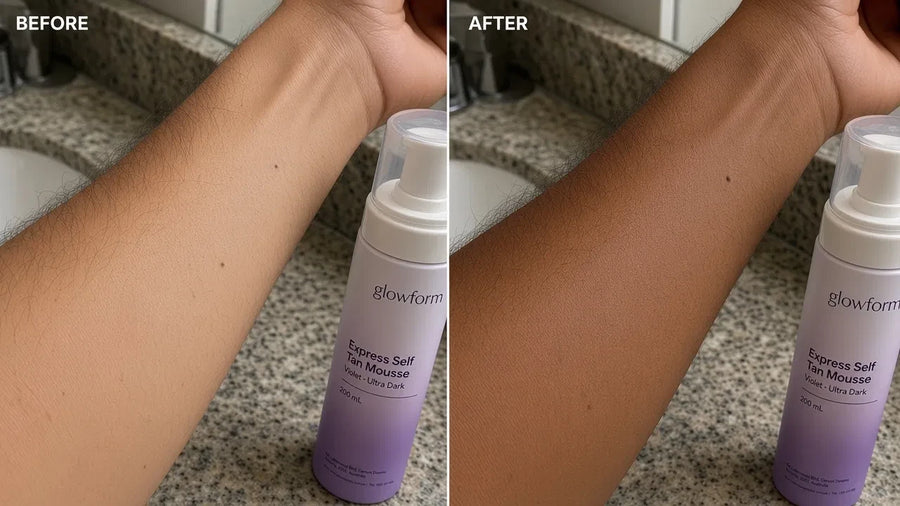 Illustration: an olive forearm before, and with a deep brown tan after, beside a Glowform Violet Ultra Dark bottle