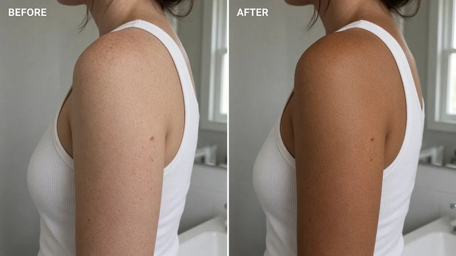 Illustration: a freckled shoulder before, and with a deep, even tan after